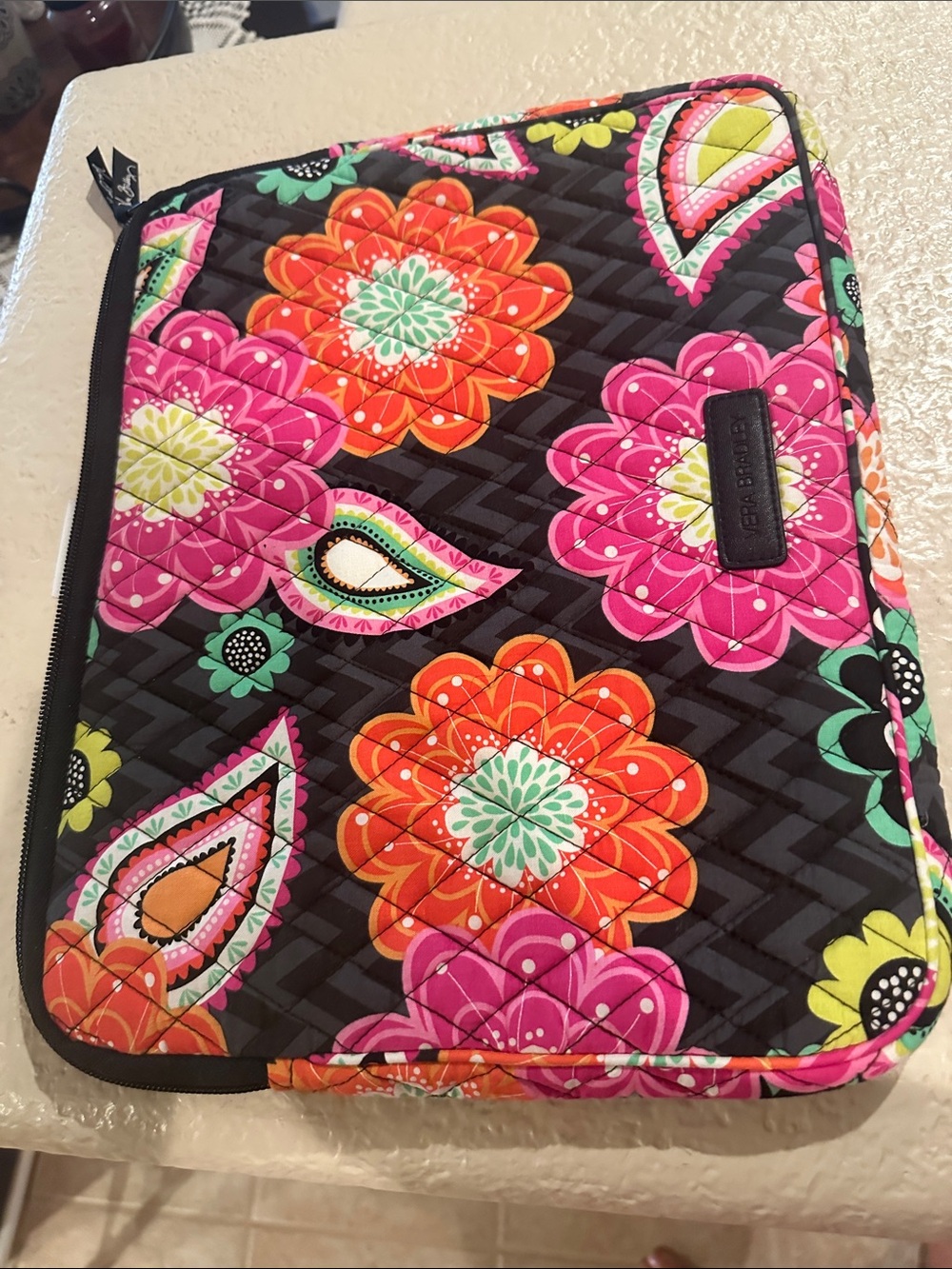 Vera Bradley Black Quilted Laptop Sleeve with Pink, Orange & Green Floral Print